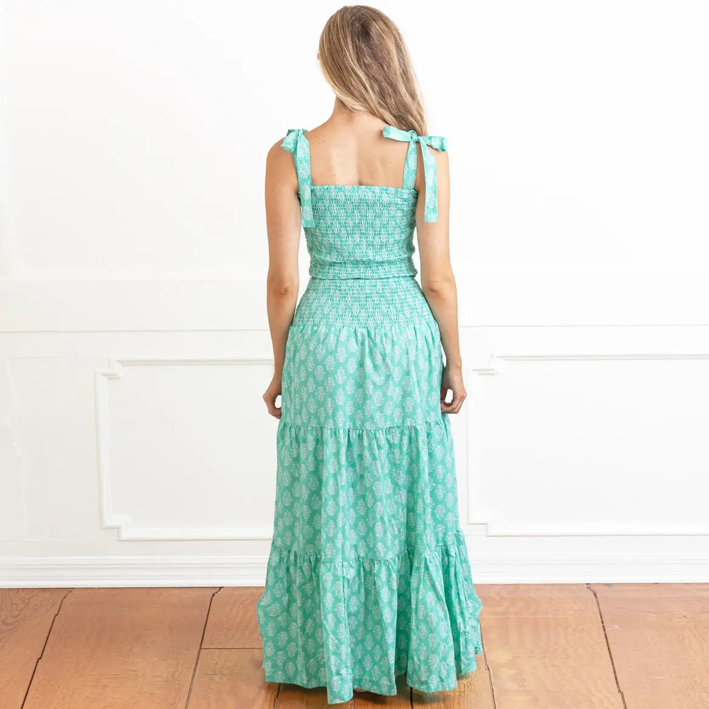 Green Block Print Smocked Tie Top & Skirt Set