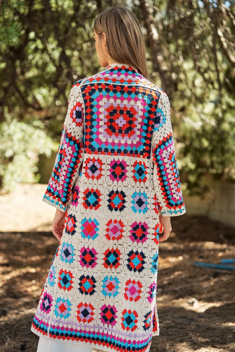 One Size Multi Colored Granny Square Midi Cardigan