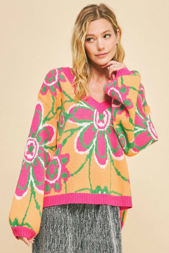 Retro Floral Knit V-Neck Sweater Top