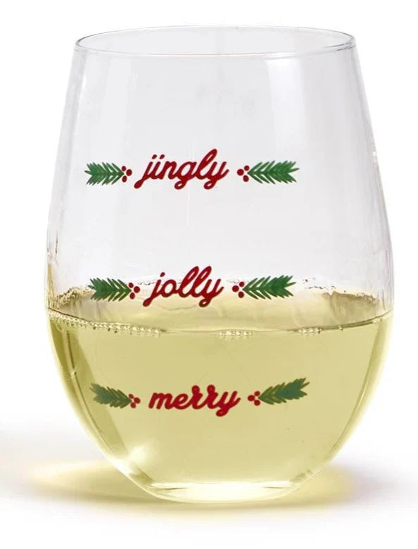 "Jingly, Jolly, Merry" Stemless Wine Glass