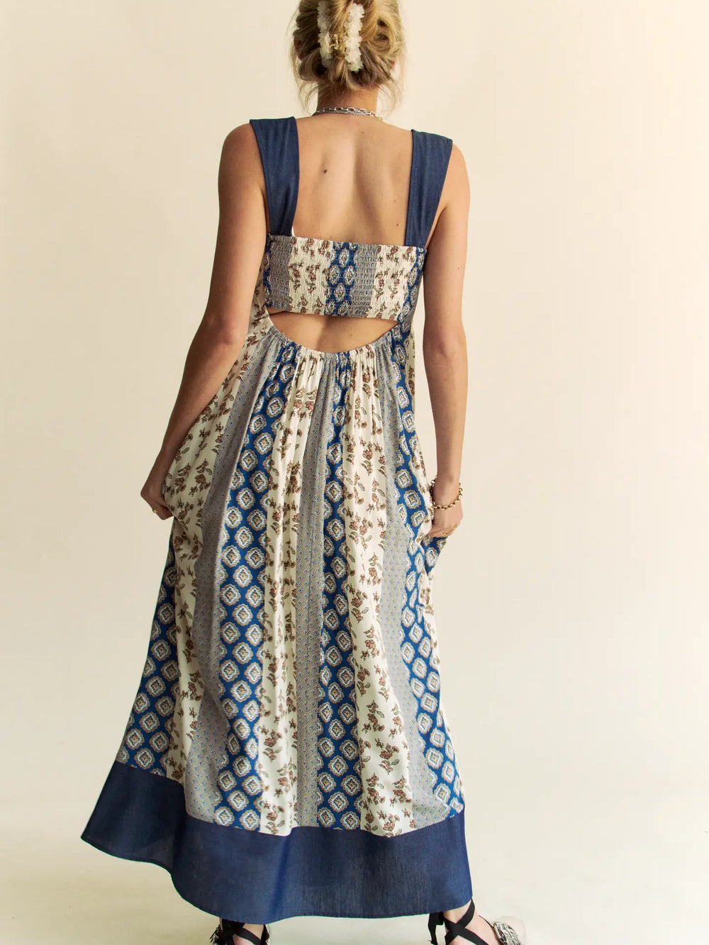 Denim Contrast Boho Pleated Midi Dress