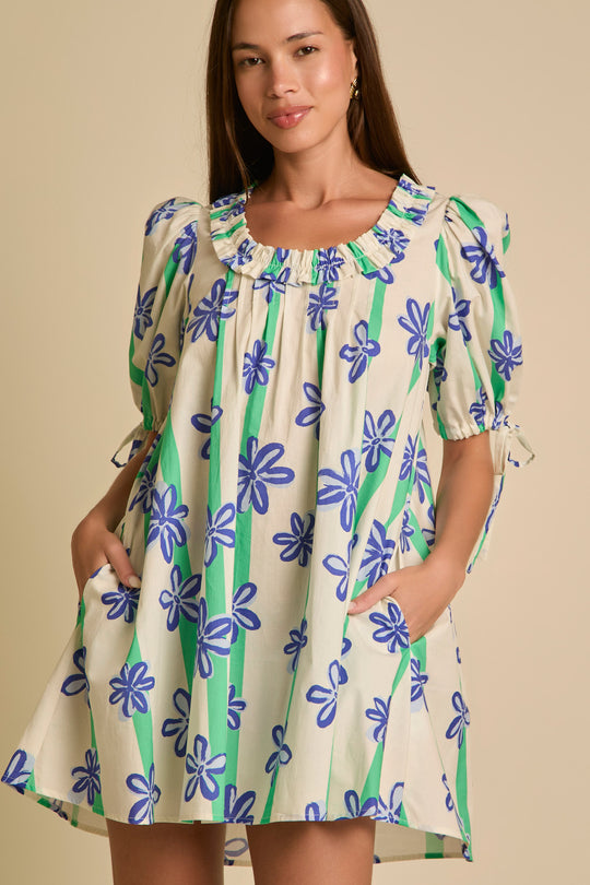 Puffed Sleeve Blue Flower Print Dress