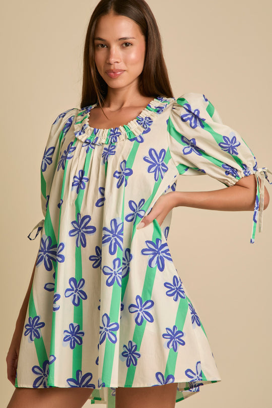 Puffed Sleeve Blue Flower Print Dress