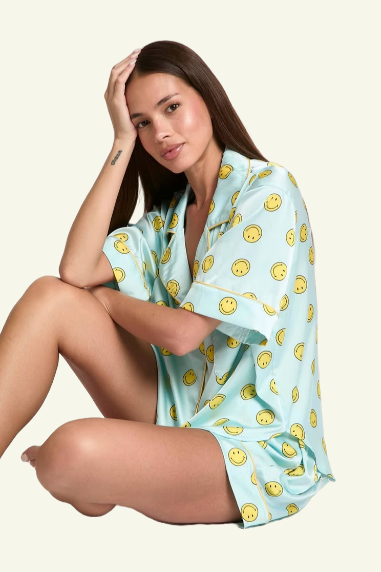 Satin Smiley Short Sleeve Pajama Set