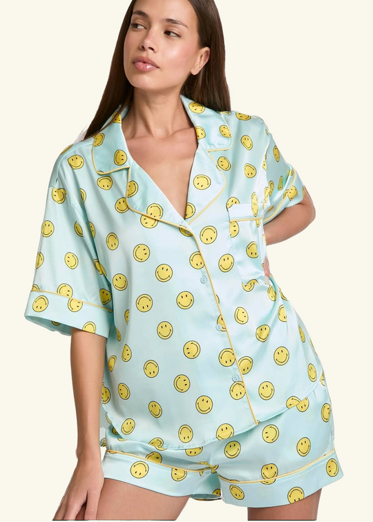 Satin Smiley Short Sleeve Pajama Set