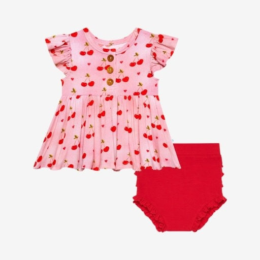 Very Cherry - Ruffled Capsleeve Henley Peplum Top & Bloomer Set