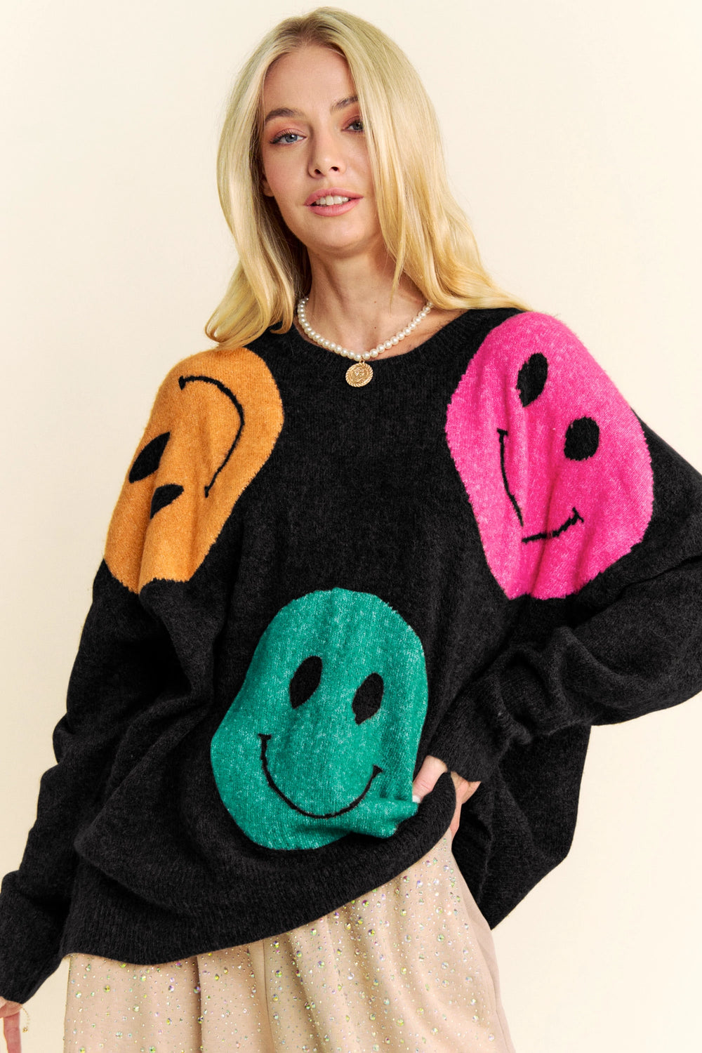 Smile Printed Loose Fit Knit Sweater