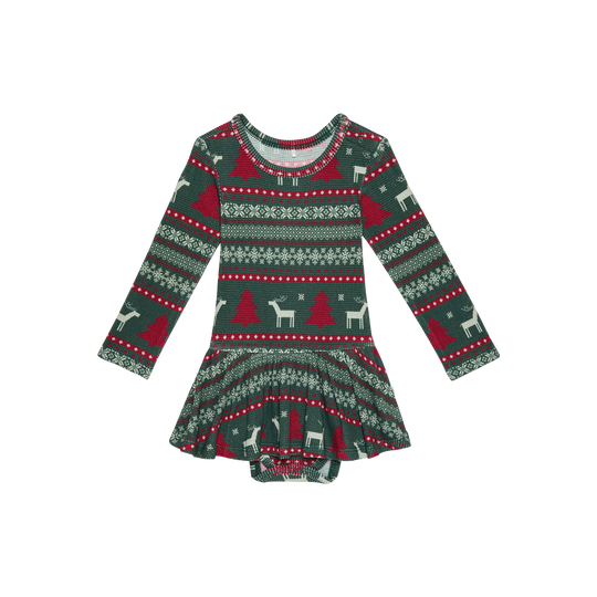 Holiday Fair Isle - Long Sleeve Basic Twirl Skirt Bodysuit