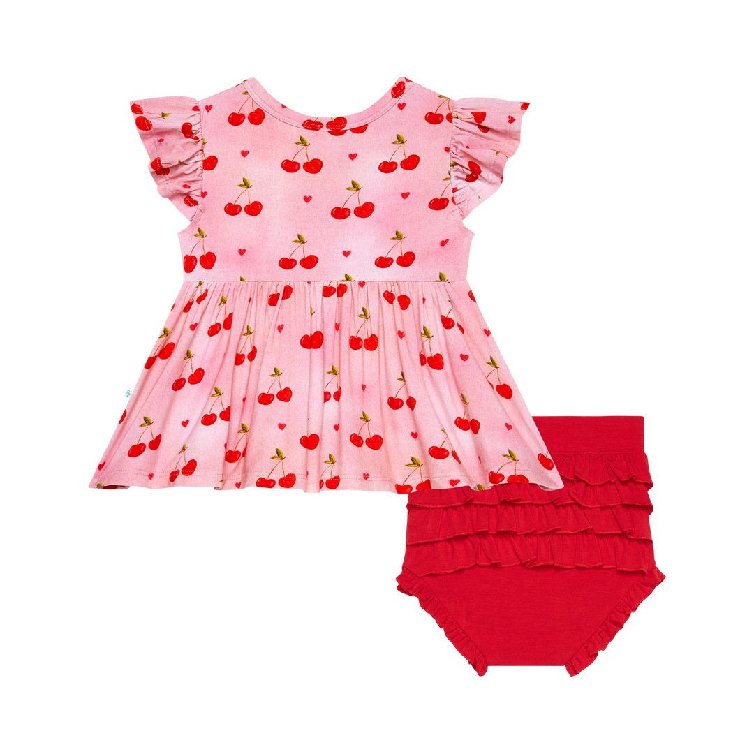 Very Cherry - Ruffled Capsleeve Henley Peplum Top & Bloomer Set