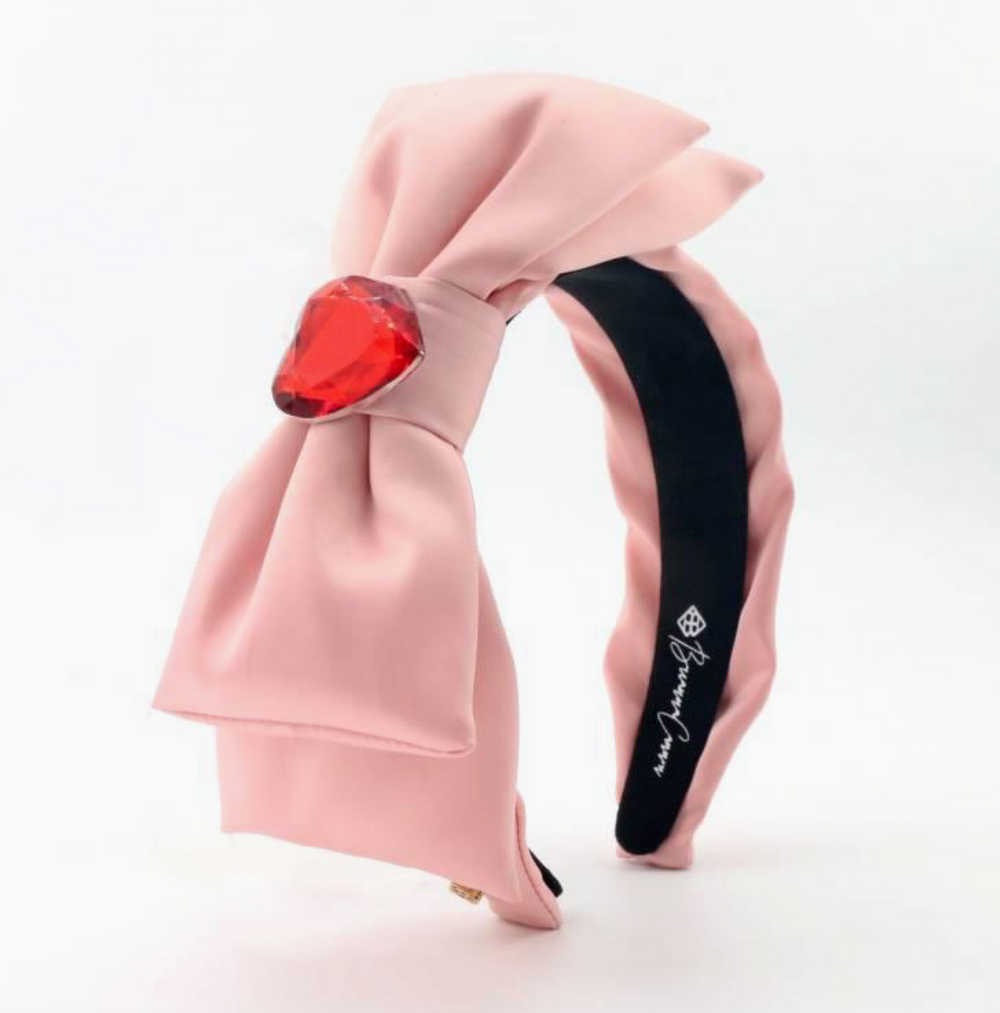 Pink Satin Side Bow Headband with Red Heart Crystal